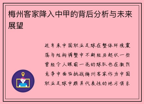 梅州客家降入中甲的背后分析与未来展望